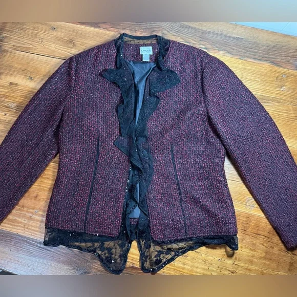 Chico's Women’s Red/Burgundy Tweed Blazer with Black Lace Detail Chico’s 2/Large - Picture 3 of 11